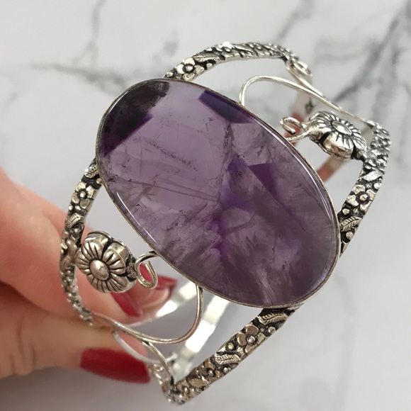 Jewelry - 925 Large Purple Wide Floral Cuff Bracelet